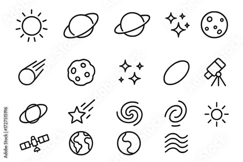 Celestial Icons Set. Solar Orbit Icons icons in outline style: glowing sun, orbit path, planet ring, moon, comet, asteroid, star cluster, orbit line,