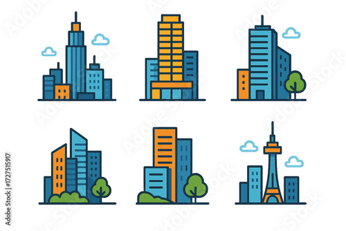 Modern Urban Towers. Urban Modern Tower icons in modern flat : tower in busy skyline, mixed-use skyscraper, tower with street view, clustered towers,