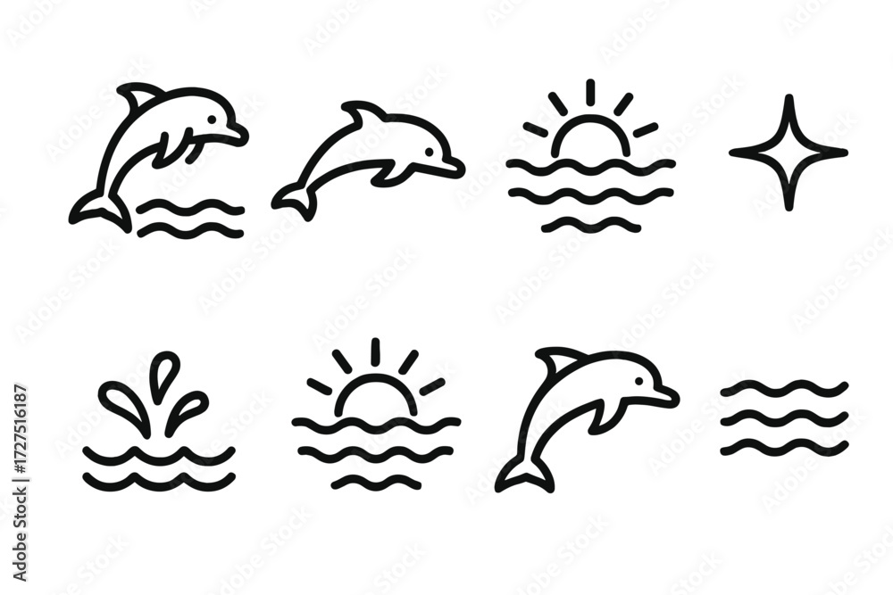 Fototapeta premium Dolphin Icon Set. Ocean Dolphin icons in outline style: leaping dolphin, dolphin swimming, ocean waves, sun over sea, glowing star, splash detail,