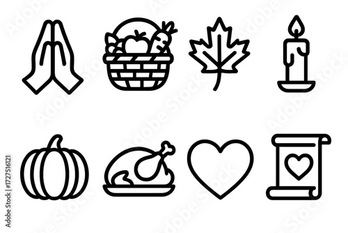 Thanksgiving linear icon set. featuring prayer, harvest, maple leaf, candle, pumpkin, turkey, love, gratitude.