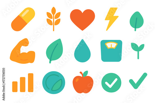 Nutritional Icons Collection. Nutritional Value icons in modern flat : vitamin capsule, fiber icon, heart symbol, energy bolt, muscle arm, leaf,