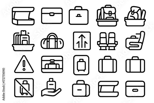 Travel Icon Set. Travel Bin Icons icons in outline style: open compartment, closed compartment, suitcase icon, backpack in bin, rolling bag in bin,