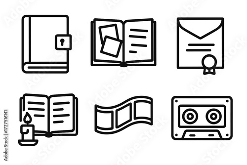 Memory Icons Collection. Memory Shared Stories icons in outline style: diary with lock, scrapbook with photos, vintage letter, candlelit journal,