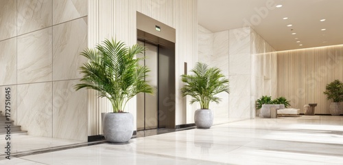 Modern, minimalist lobby with potted plants and elevator