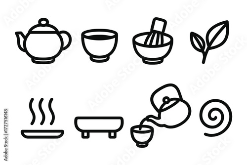 Tea Ceremony Icons. Tea Ceremony icons in outline style: teapot with lid, tea cup, whisk in bowl, tea leaf, hot steam, serving tray, pouring kettle,