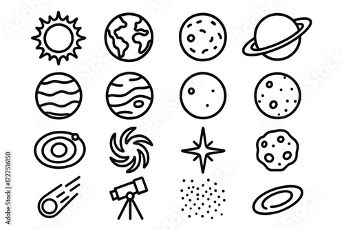 Space exploration silhouette icon set. featuring sun, earth, moon, saturn, planets, and telescope symbols