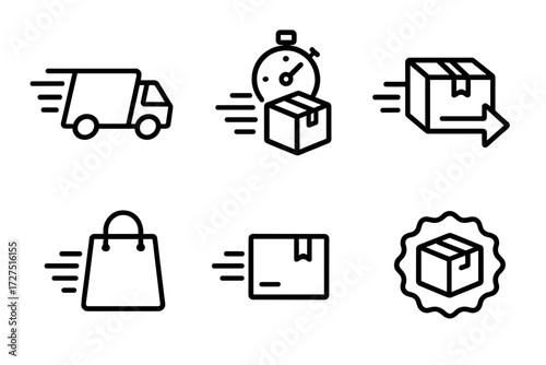 Express Shipping Icons. Express Free Shipping icons in outline style: speed lines truck, stopwatch with package, urgent arrow parcel, fast checkout