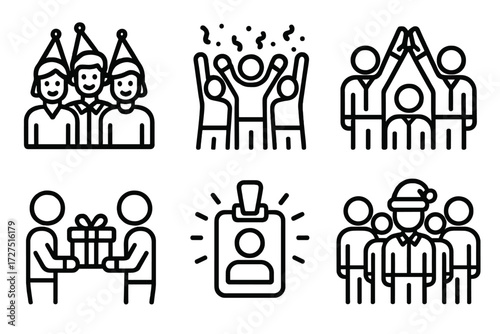 Celebration and party linear icon set. featuring friends, dancing, teamwork, present, badge, and festive hat symbols
