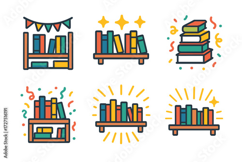 Bookshelf neon icon set. featuring books, stars, stacked books, and decor symbols