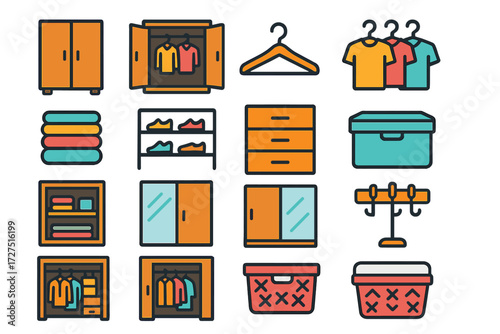 Closet Space Icons. Closet Space Icons icons in modern flat : wardrobe, open closet, clothes hanger, hanging shirts, folded clothes, shoe rack,