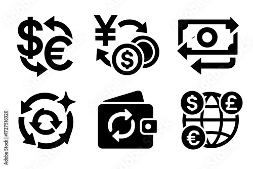 Currency Exchange Icons. Currency Exchange silhouette set : dollar and euro arrows, yen and pound exchange, coin swap with arrows, banknote swap,
