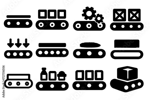 Conveyor Belt Icons. Production Belt Variations silhouette set : simple conveyor belt, conveyor with boxes, conveyor with gears, conveyor with crates,