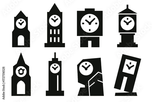 Eclectic Clock Towers. Clock Tower Variations silhouette set : small clock tower, large clock tower, square clock tower, round clock tower,
