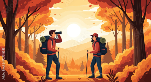 Two hikers with backpacks explore a vibrant autumn forest, one using binoculars to observe the scenic landscape during a beautiful sunset