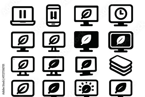 Bold Screen Break Icons. Screen Break Basics silhouette set : laptop with pause symbol, phone with pause symbol, desktop with leaf, tablet with clock,