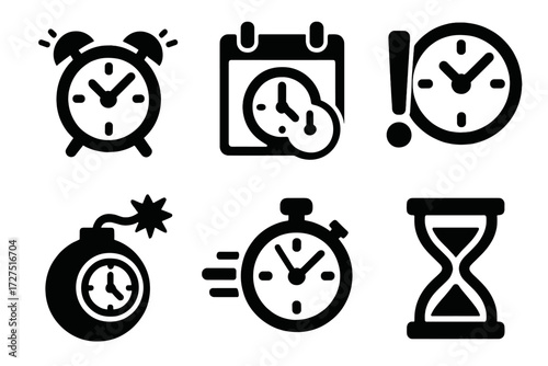 Time management silhouette icon set. featuring alarm clock, calendar, deadline, bomb, stopwatch, and hourglass symbols