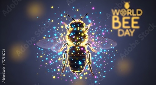 Digital holographic bee glowing with colorful light particles on an abstract dark blue background for pollinator celebration