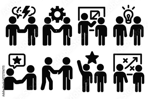 Brutalist Collaboration Icons. Collaboration & Support silhouette set : work buddy with brainstorming, work buddy with teamwork, work buddy with