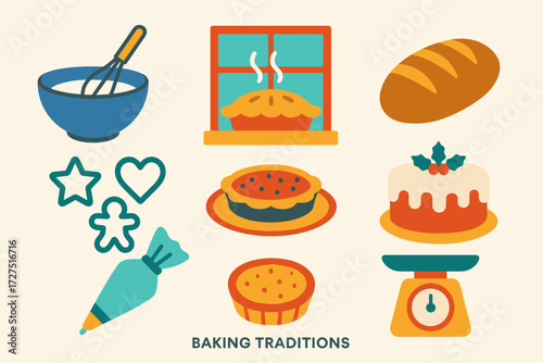 Baking Essentials Icons. Baking Traditions icons in modern flat : mixing bowl with whisk, pie cooling on windowsill, rustic bread loaf, cookie cutter