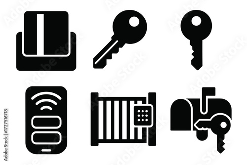 Brutalist Key Icons. Building Entry silhouette set : hotel room keycard, house key, office key, garage opener, gate access, mailbox key.