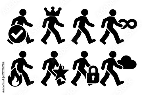 Brutalist Wellness Icons. Wellness Indicators silhouette set : lunch walk with check mark, lunch walk with crown, lunch walk with infinity, lunch walk