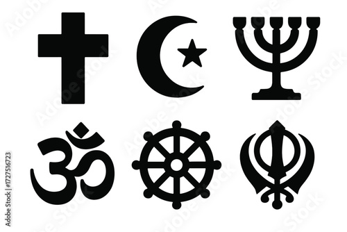Brutalist Religious Icons. World Religions silhouette set : Christian cross, Islamic crescent, Jewish menorah, Hindu Om, Buddhist wheel of Dharma,