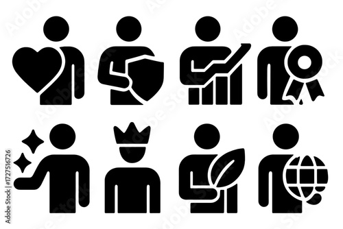 Brutalist Body Language Icons. Contextual Gestures silhouette set : body language with heart, body language with shield, body language with chart,