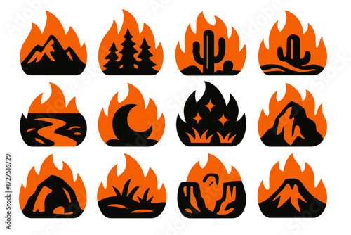 Nature's Fire Glow Icons. Nature Fire Glow silhouette set : fire glow with mountain, fire glow with forest, fire glow with desert, fire glow with