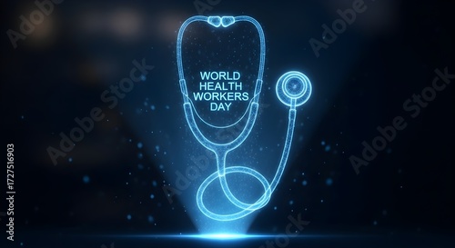 Glowing blue stethoscope hologram commemorating World Health Workers Day with futuristic particle effects