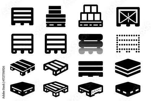 Brutalist Pallet Icons. Cargo Pallet Basics silhouette set : simple cargo pallet, stacked pallet, pallet with boxes, pallet with crate, bold outline