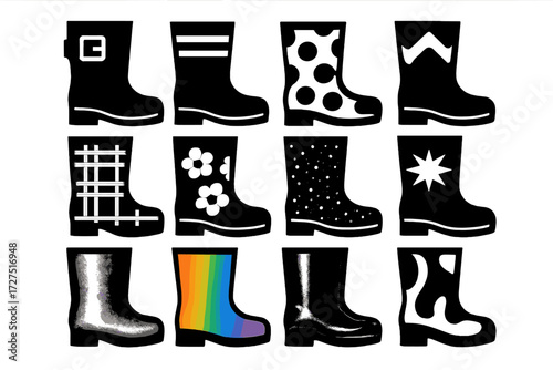 Stylish Rain Boot Icons. Fashion Rain Boots silhouette set : boots with buckle, boots with stripes, boots with polka dots, boots with chevron pattern,