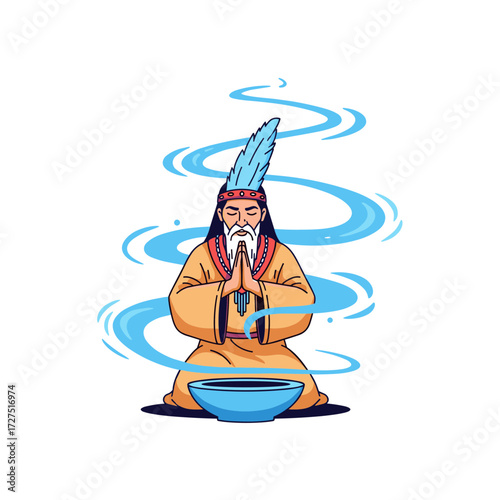 Elderly Man in Traditional Attire Meditating with Blue Smoke and Bowl.