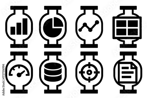 Bold Data Pipeline Icons. Data & Analytics Pipelines silhouette set : pipeline with bar chart, pipeline with pie chart, pipeline with line graph,