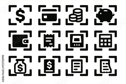 Bold Banking Icons. Banking SWIFT Codes silhouette set : code with dollar sign, code with credit card, code with coins, code with piggy bank, code