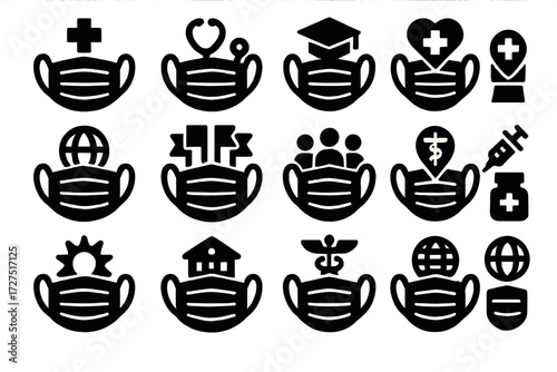 Brutalist Mask Icons. Event Surgical Masks silhouette set : hospital mask, clinic mask, nursing graduation mask, healthcare fair mask, charity health