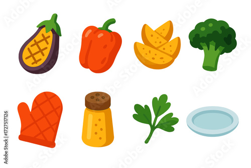 Vibrant Vegetable Icons. Roasted Vegetables icons in modern flat : baked eggplant, roasted pepper, golden potato wedges, charred broccoli, oven mitt,