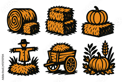Rustic Fall Icons. Rustic Decor silhouette set : decorative hay bale, fall festival hay, pumpkin on hay, scarecrow with hay, rustic cart, harvest