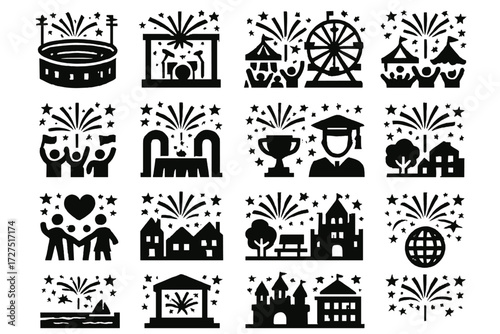 Fireworks Icon Set. Event Fireworks silhouette set : stadium fireworks, concert fireworks, fairground fireworks, carnival fireworks, parade fireworks,