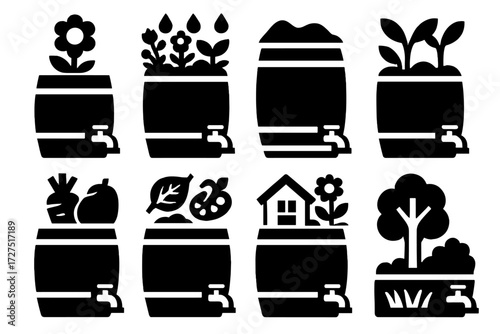 Brutalist Garden Icons. Sustainability & Gardening silhouette set : rain barrel with flower, rain barrel with garden, rain barrel with soil, rain