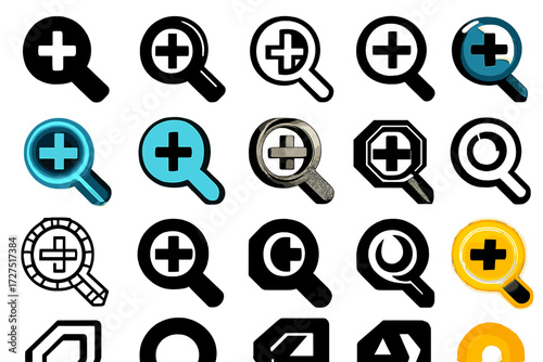 Zoom and magnification silhouette icon set. featuring search, enhance, explore, focus, lens, and magnify symbols