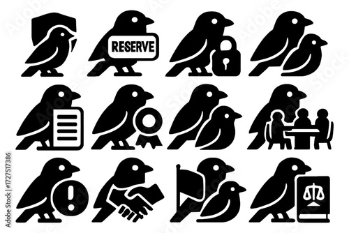 Bird Conservation Icons. Conservation Bird Habitats silhouette set : bird with shield, bird with reserve sign, bird with lock, bird with cross, bird