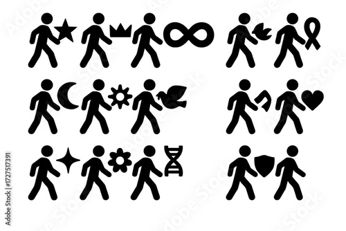 Symbolic Walk Break Icons. Symbolic Walk Breaks silhouette set : walk break with star, walk break with crown, walk break with infinity loop, walk
