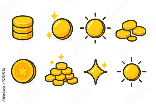 Vibrant Gold Coins. Gold Coins icons in modern flat : coin stack, glowing gold, single shining coin, scattered pile, star coin, treasure heap,