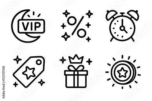 Midnight Deals Icons. Exclusive Midnight Deals icons in outline style: VIP moon badge, starry percent sign, limited-time offer clock, neon sale tag,
