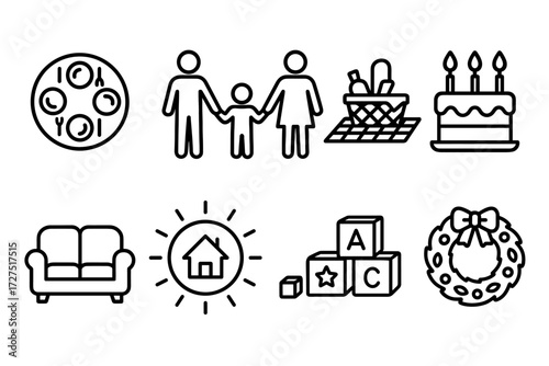 Family Celebration Icons. Family Gathering icons in outline style: round table with plates, family members holding hands, picnic blanket with basket,