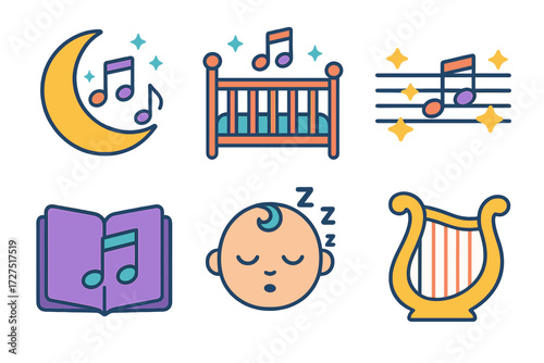 Lullaby Music Icons. Lullaby Music Icons icons in modern flat : crescent moon with notes, baby crib with melody, musical staff with stars, lullaby