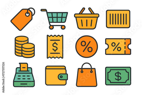 Shopping flat icon set. featuring tag, cart, basket, barcode, coins, receipt, discount, ticket, cash register, wallet