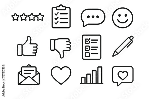 Feedback Icons Collection. Feedback & Reviews icons in outline style: star rating, checklist, comment box, smiley face, thumbs up, thumbs down,