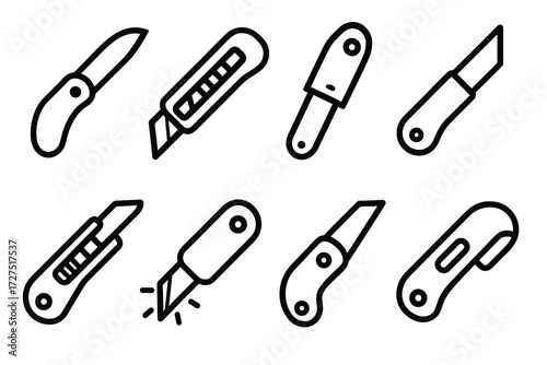 Utility Knife Icons. Utility Knife icons in outline style: pocket-sized folding knife, retractable blade with slider, knife with sheath cover, sharp