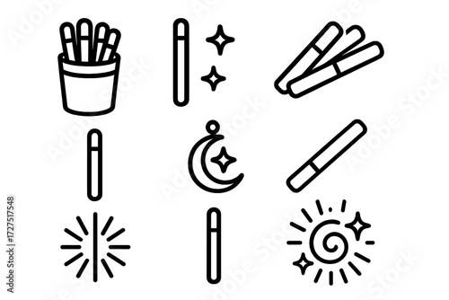 Mystical Fortune Sticks. Fortune Sticks icons in outline style: container with sticks, pulled stick, starry glow, wooden bundle, single stick,